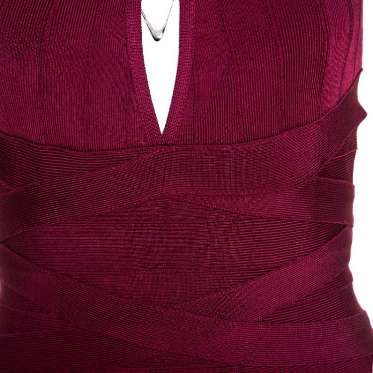 Pre Owned Herve Leger Dark Maroon Keyhole Detail Iridessa Bandage Dress M