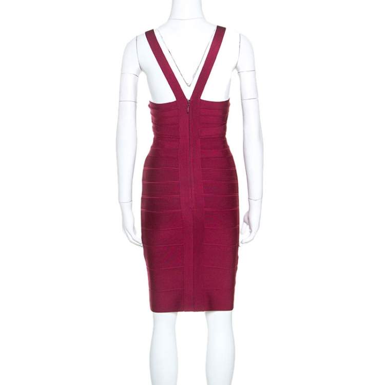 Pre Owned Herve Leger Dark Maroon Keyhole Detail Iridessa Bandage Dress M