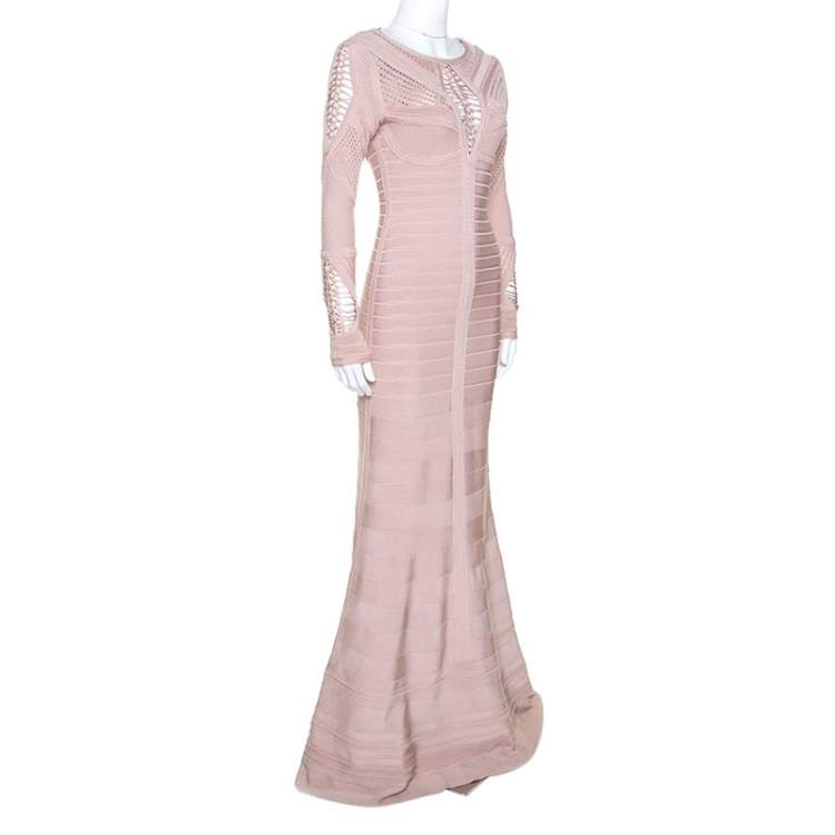 Pre Owned Herve Leger Dusky Pink Crochet Detail Augustina Gown S
