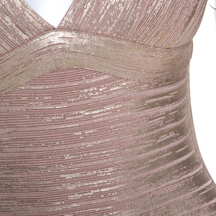 Pre Owned Herve Leger Metallic Rose Gold Foil Knit Bandage Maxi Dress M