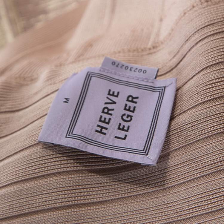 Pre Owned Herve Leger Metallic Rose Gold Foil Knit Bandage Maxi Dress M