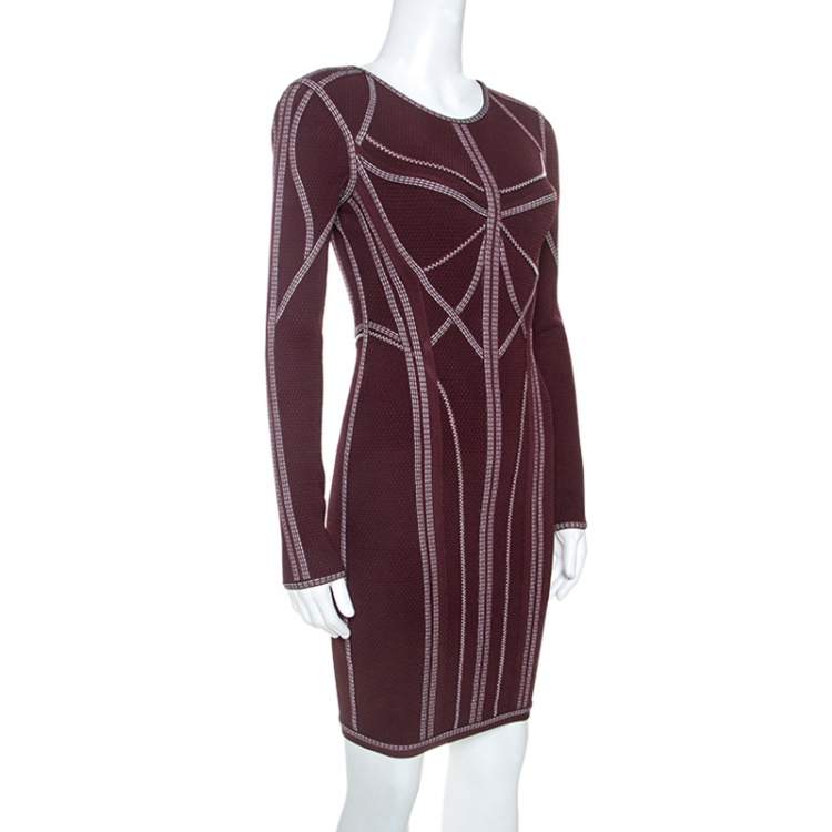 مملوكة مسبقًا Herve Leger Burgundy Long Sleeve Metallic Trim Elaina Bodycon Dress XS