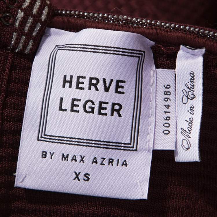 مملوكة مسبقًا Herve Leger Burgundy Long Sleeve Metallic Trim Elaina Bodycon Dress XS