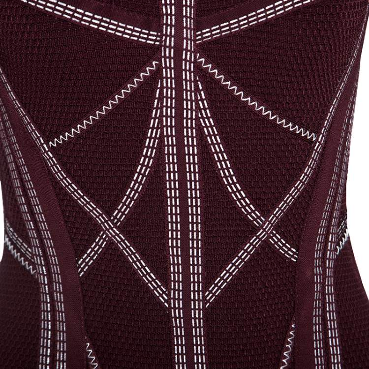 مملوكة مسبقًا Herve Leger Burgundy Long Sleeve Metallic Trim Elaina Bodycon Dress XS