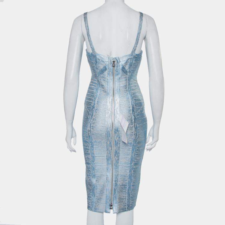 Pre Owned Herve Leger Blue Crushed Metallic Knit Bandage Dress M