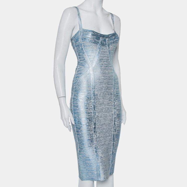 Pre Owned Herve Leger Blue Crushed Metallic Knit Bandage Dress M