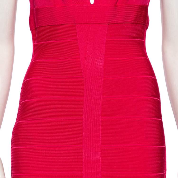 Pre Owned Herve Leger Fuchsia Karen Long Bandage Dress L 