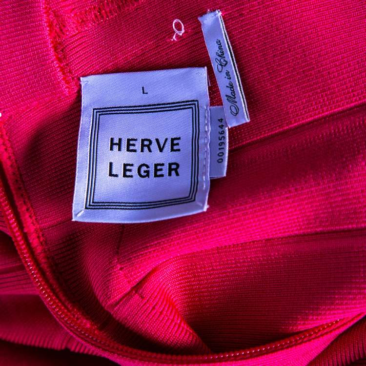 Pre Owned Herve Leger Fuchsia Karen Long Bandage Dress L 