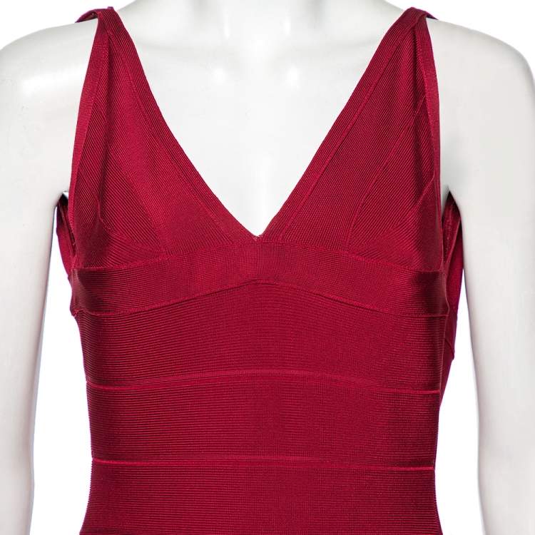 Pre Owned Herve Leger Burgundy Lauren Bandage Cocktail Dress XS