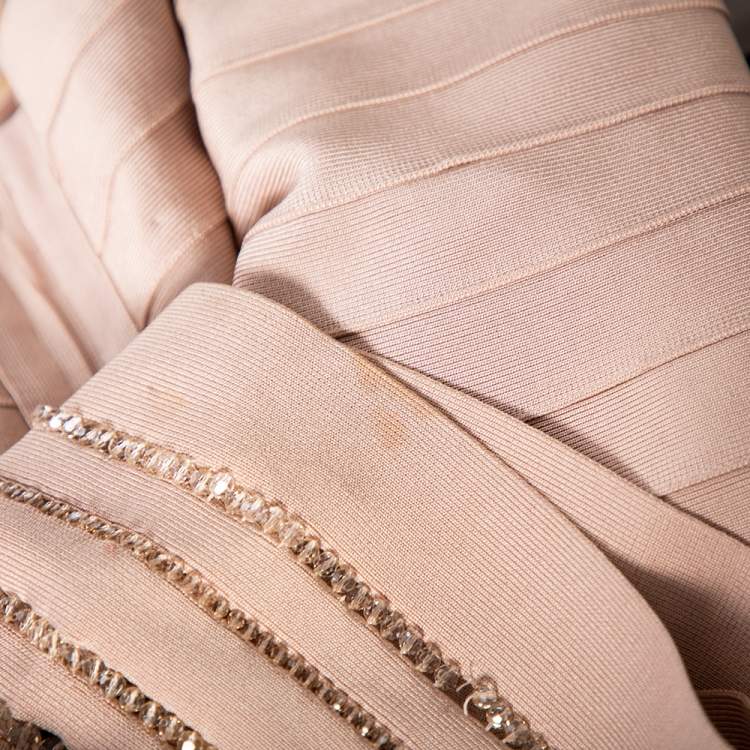 Pre Owned Herve Leger Blush Pink Spandex Bead Embellished Cap Sleeve Top & Cecilia Skirt Set S