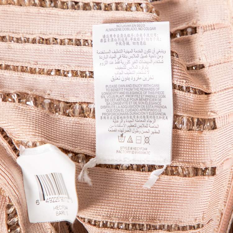 Pre Owned Herve Leger Blush Pink Spandex Bead Embellished Cap Sleeve Top & Cecilia Skirt Set S