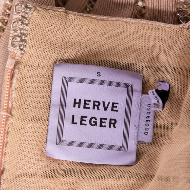 Pre Owned Herve Leger Blush Pink Spandex Bead Embellished Cap Sleeve Top & Cecilia Skirt Set S