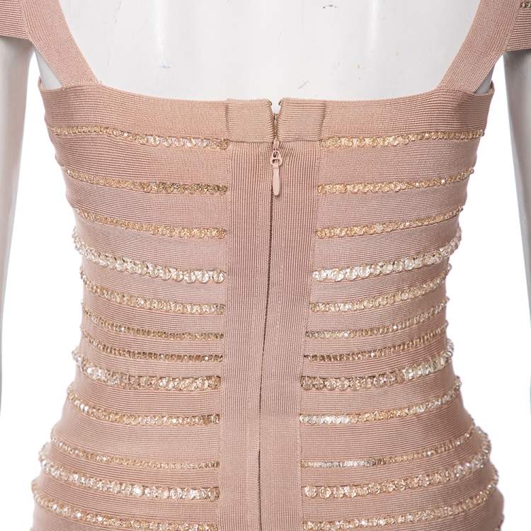 Pre Owned Herve Leger Blush Pink Spandex Bead Embellished Cap Sleeve Top & Cecilia Skirt Set S