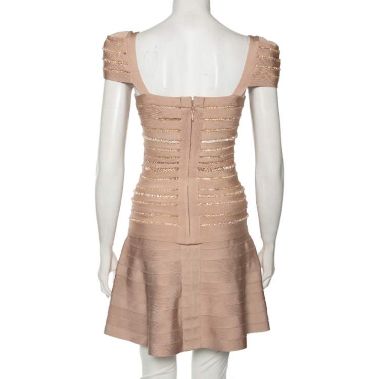 Pre Owned Herve Leger Blush Pink Spandex Bead Embellished Cap Sleeve Top & Cecilia Skirt Set S