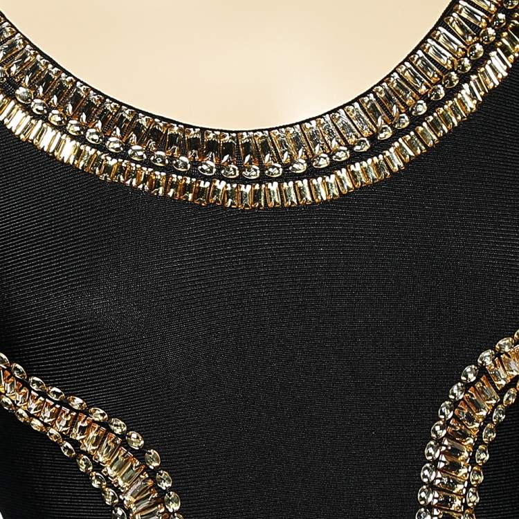 Pre Owned Herve Leger Black Embellished Stretch Knit Long Sleeve Mini Dress M 