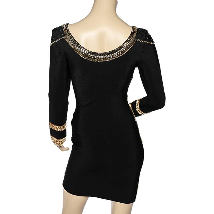 Pre Owned Herve Leger Black Embellished Stretch Knit Long Sleeve Mini Dress M 