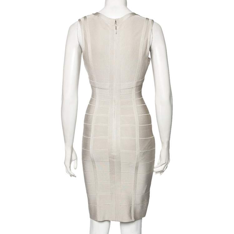 Pre Owned Herve Leger Light Grey Bandage Sleeveless Bodycon Dress M