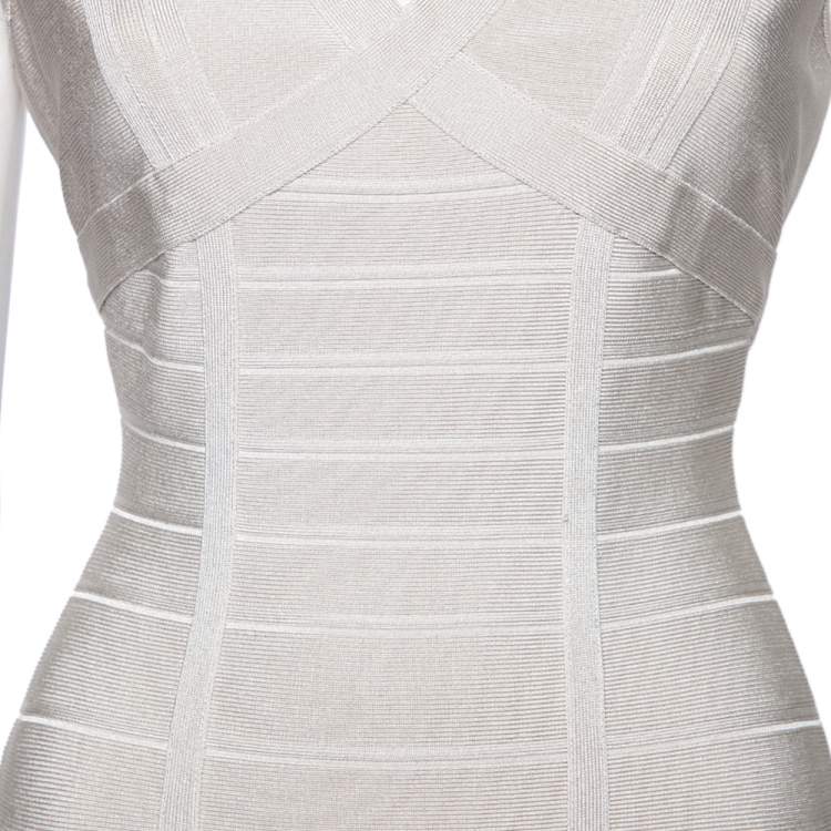 Pre Owned Herve Leger Light Grey Bandage Sleeveless Bodycon Dress M