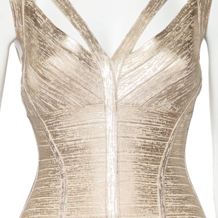 Pre Owned Herve Leger Beige Brushed Effect Sleeveless Alenis Bandage Gown M
