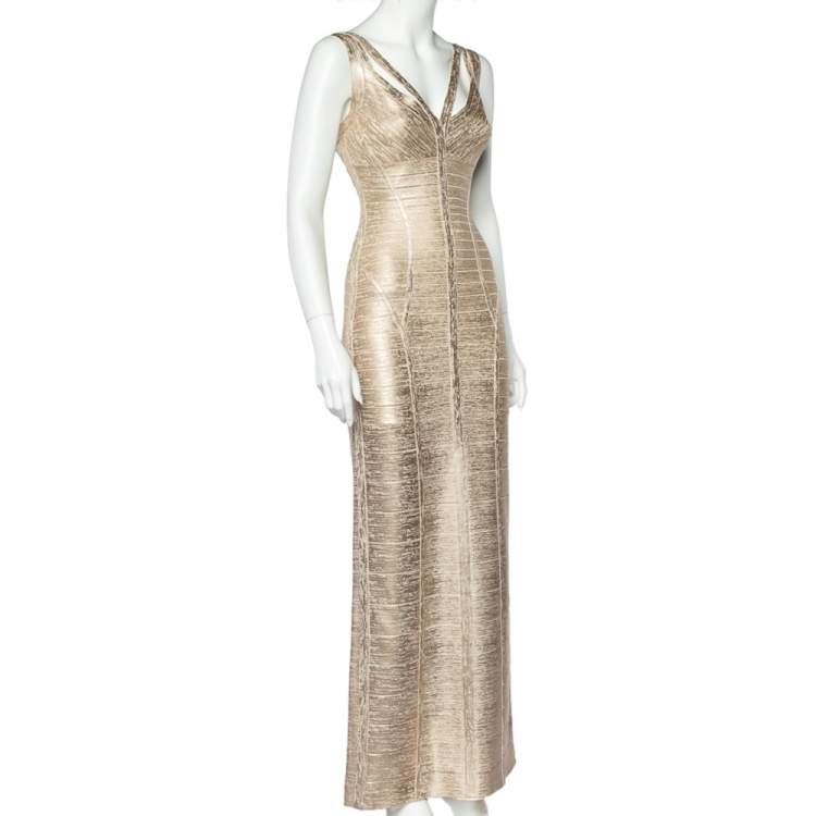 Pre Owned Herve Leger Beige Brushed Effect Sleeveless Alenis Bandage Gown M