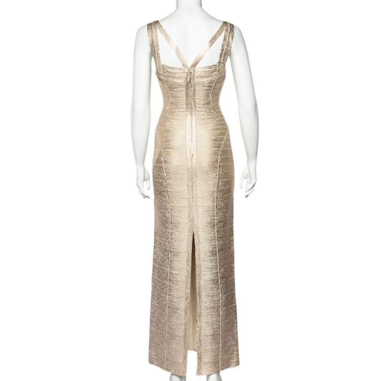 Pre Owned Herve Leger Beige Brushed Effect Sleeveless Alenis Bandage Gown M
