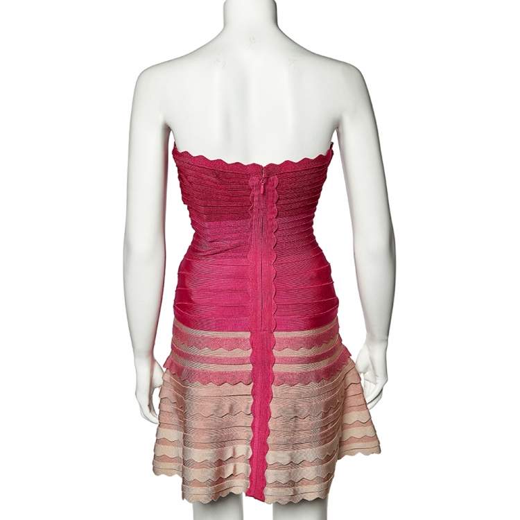 Pre Owned Herve Leger Fuchsia Ombre Knit Scalloped Strapless Dress S