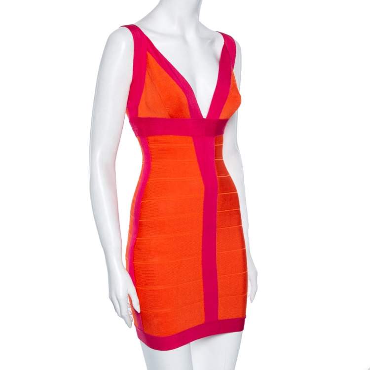 مملوكة مسبقًا Herve Leger Orange & Pink Colorblock Bandage Billie Mini Dress XS