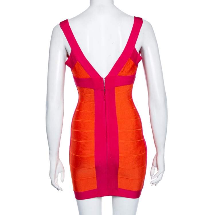مملوكة مسبقًا Herve Leger Orange & Pink Colorblock Bandage Billie Mini Dress XS