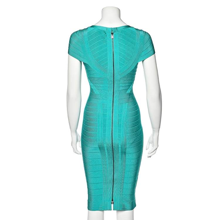Pre Owned Herve Leger Blue Bandage Cap Sleeve Bodycon Dress S