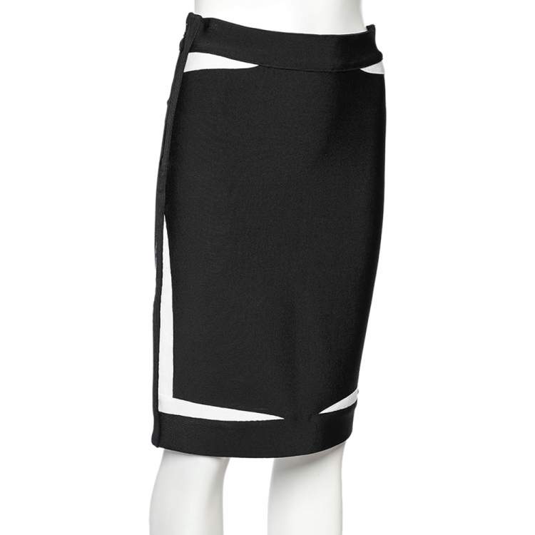 Pre Owned Herve Leger Black Knit Contrast Detail Pencil Skirt M