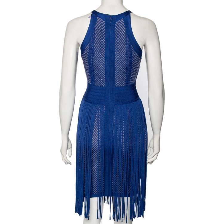 Pre Owned Herve Leger Blue Plaited Chevron Knit Fringed Mahala Bodycon Dress XS