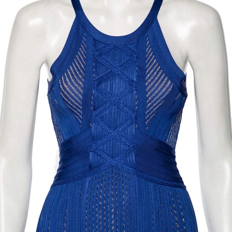 Pre Owned Herve Leger Blue Plaited Chevron Knit Fringed Mahala Bodycon Dress XS