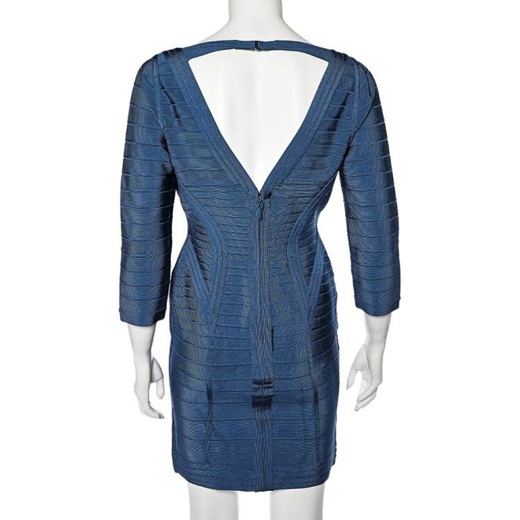 Pre Owned Herve Leger Navy Blue Knit Kahli Bandage Dress L