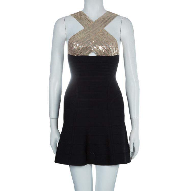 Pre Owned Herve Leger Black Crossover Sequin Embellished Bandage Dress XS
