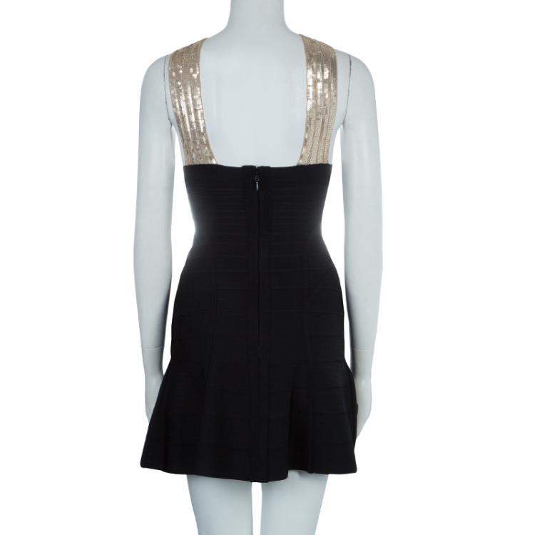Pre Owned Herve Leger Black Crossover Sequin Embellished Bandage Dress XS
