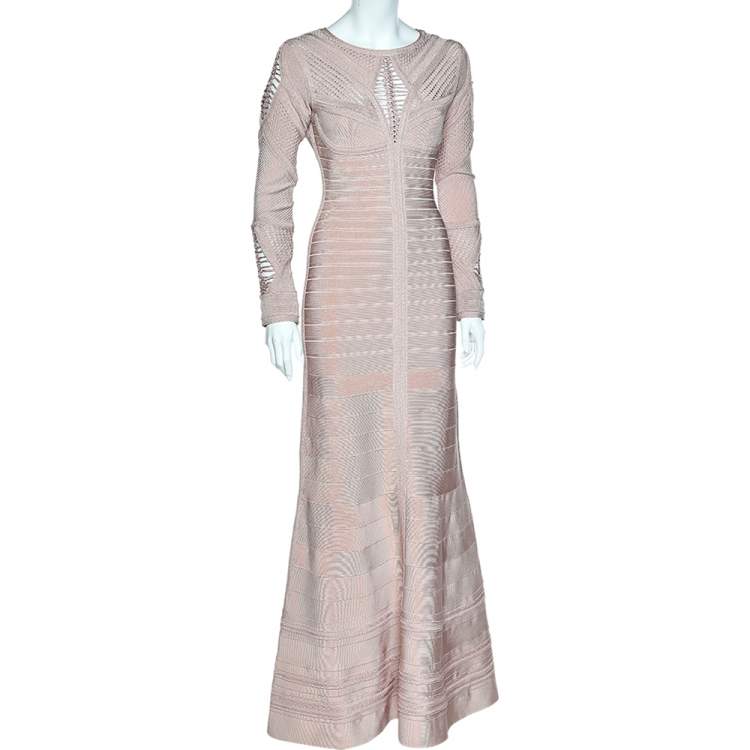 Pre Owned Herve Leger Dusky Pink Crochet Detail Augustina Gown M