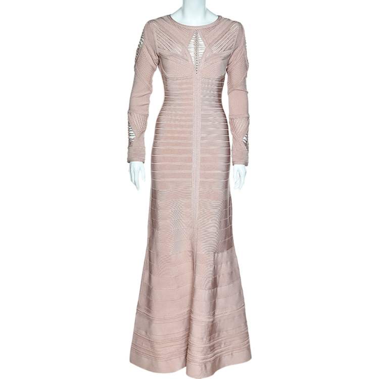 Pre Owned Herve Leger Dusky Pink Crochet Detail Augustina Gown M