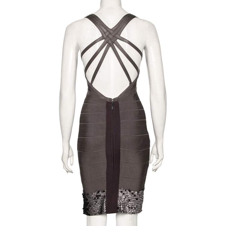 Pre Owned Herve Leger Grey Cross Back PU Sequin Embellished Bandage Dress S