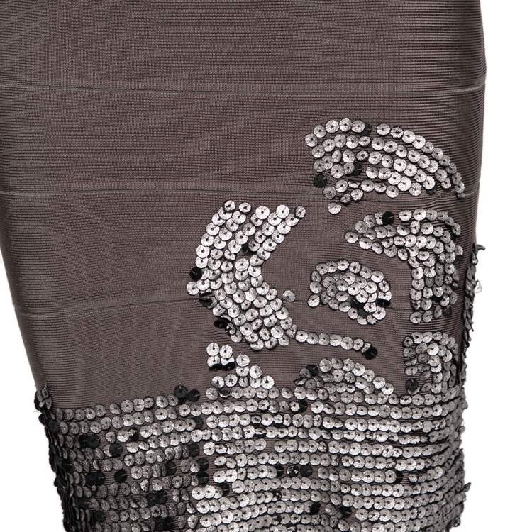 Pre Owned Herve Leger Grey Cross Back PU Sequin Embellished Bandage Dress S
