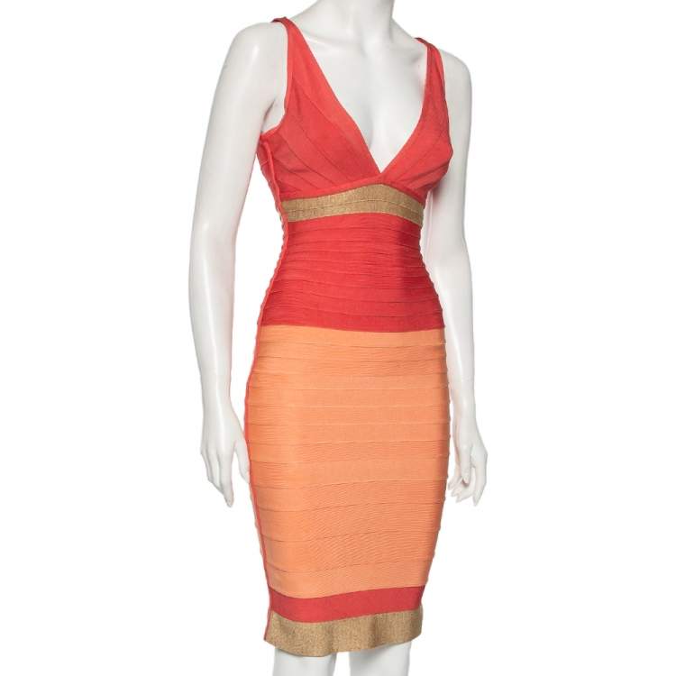 Pre Owned Herve Leger Colorblock Bandage & Lurex Paneled V-Neck Skye Bodycon Dress XS