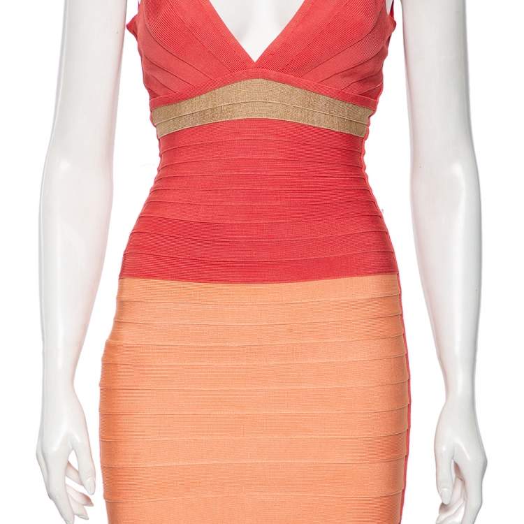 Pre Owned Herve Leger Colorblock Bandage & Lurex Paneled V-Neck Skye Bodycon Dress XS