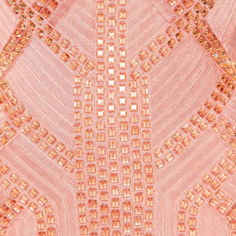 Pre Owned Herve Leger Peach Embellished Bandage Fringed Vitoria Bodycon Dress M