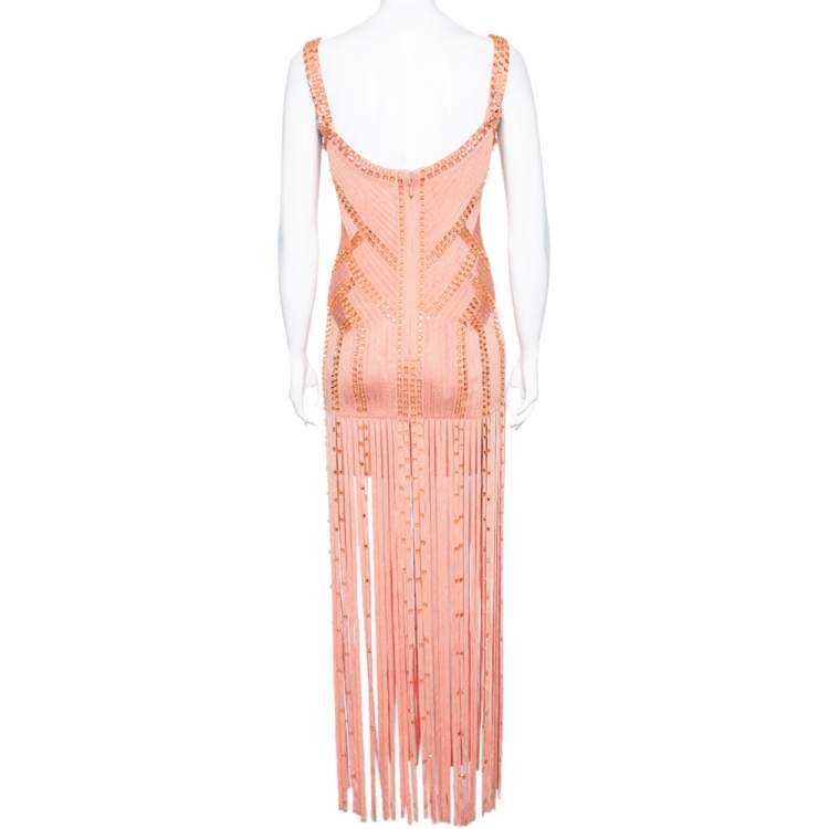 Pre Owned Herve Leger Peach Embellished Bandage Fringed Vitoria Bodycon Dress M