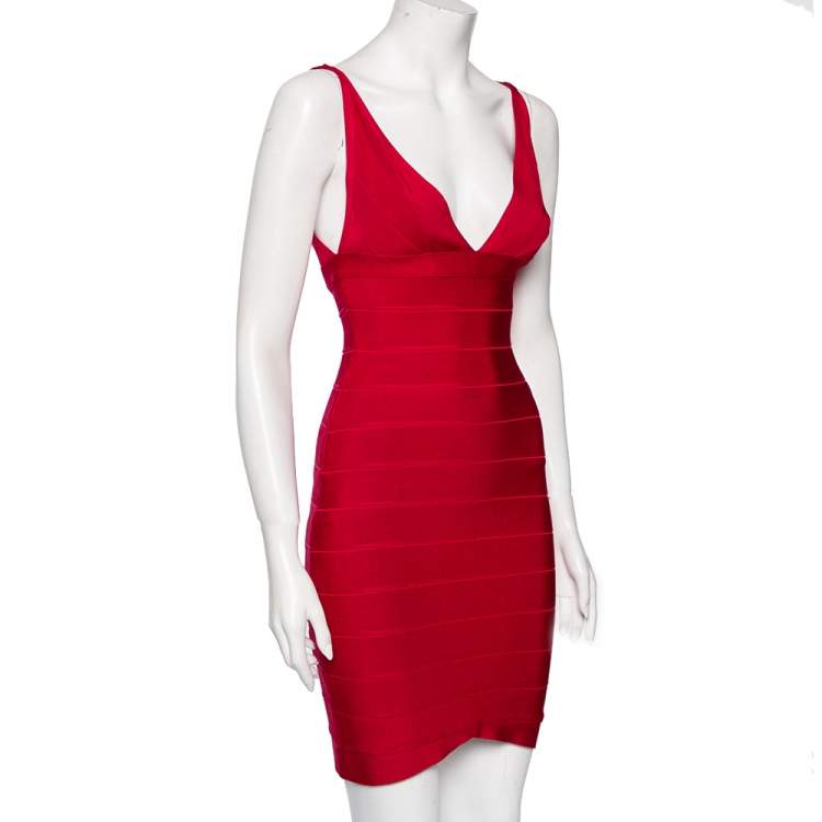 Pre Owned Herve Leger Pink Bandage Plunge Neck Bodycon Dress XS