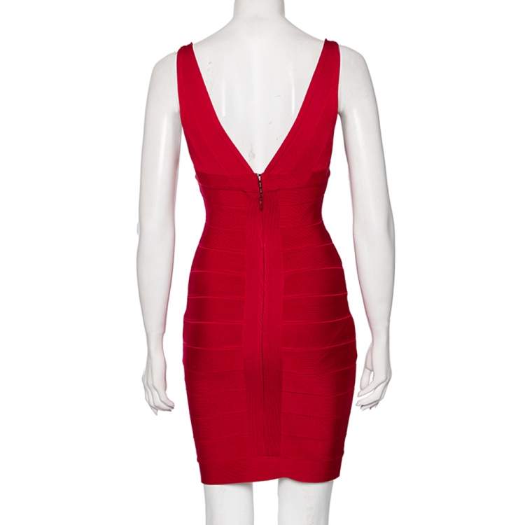 Pre Owned Herve Leger Pink Bandage Plunge Neck Bodycon Dress XS