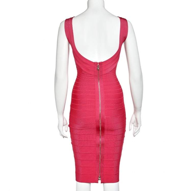 Pre Owned Herve Leger Pink Synthetic Ardell Bodycon Dress S