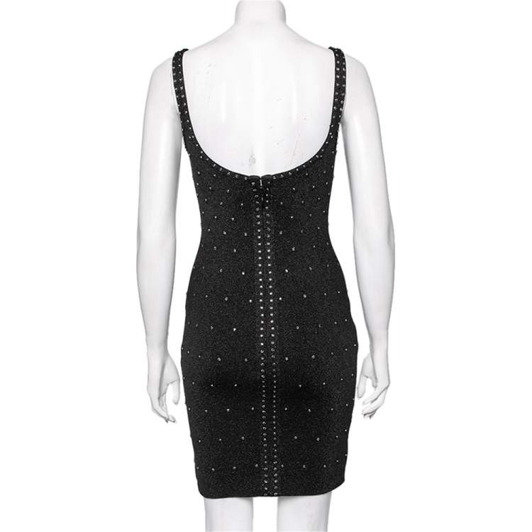 Pre Owned Herve Leger Black Lurex Knit Embellished Fitted Dress S 