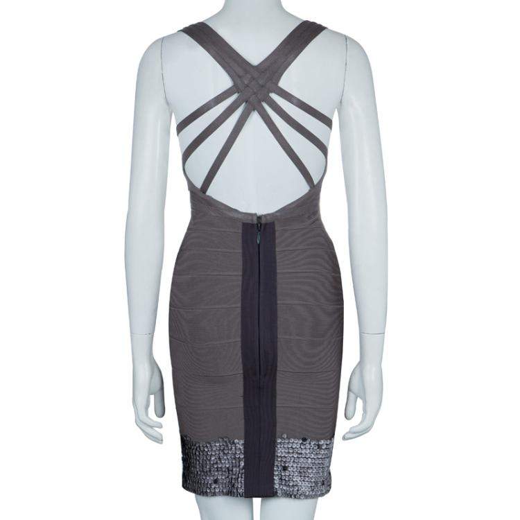 Pre Owned Herve Leger Grey Cross Back PU Sequin Embellished Bandage Dress S