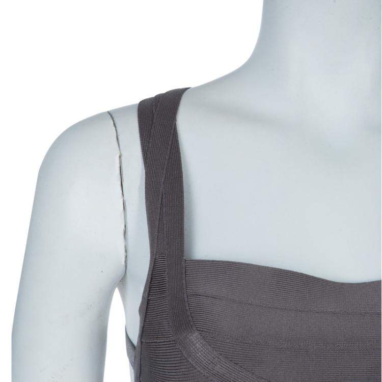 Pre Owned Herve Leger Grey Cross Back PU Sequin Embellished Bandage Dress S