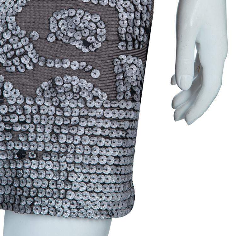 Pre Owned Herve Leger Grey Cross Back PU Sequin Embellished Bandage Dress S